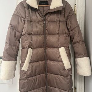 Tahari Brown Puffer Coat with Cream Sherpa Trim